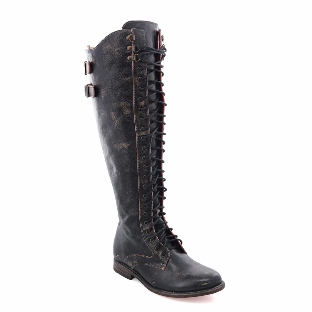 Bed Stu Distressed Black Over the Knee Lace-Up Boots